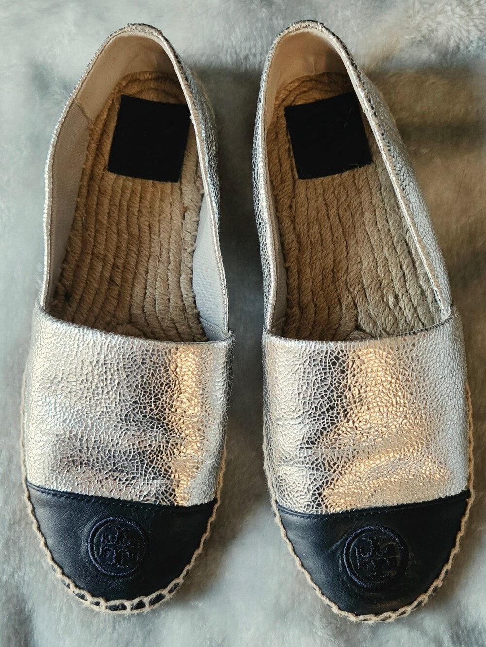 Tory Burch Metallic Silver and Navy Blue Logo Espadrille Flats